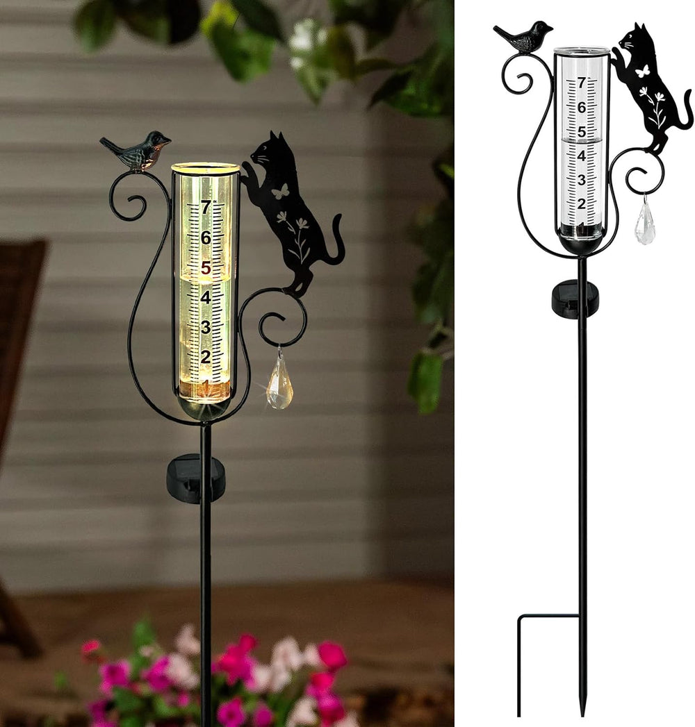 Rain Gauge Outdoor Decorative,Metal Black Cat Solar Lights Outdoor Garden