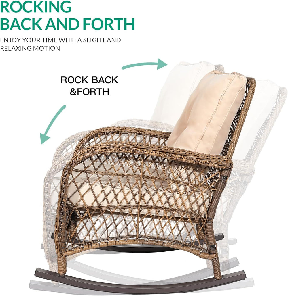 VIVIJASON Outdoor Wicker Rocking Chair, Patio Rattan Rocker Chair with Cushio...