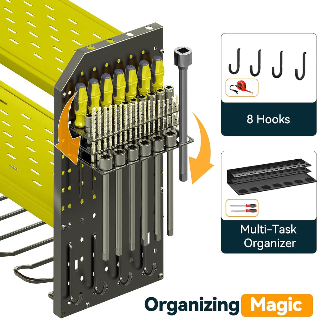 Warome Garage Power Tool Organizer with 8-Outlet Power Strip, Tool Storage Rack Wall Mount with 8 Cordless Drill Holders, Tool Organization Shelf with Charging Station in Green