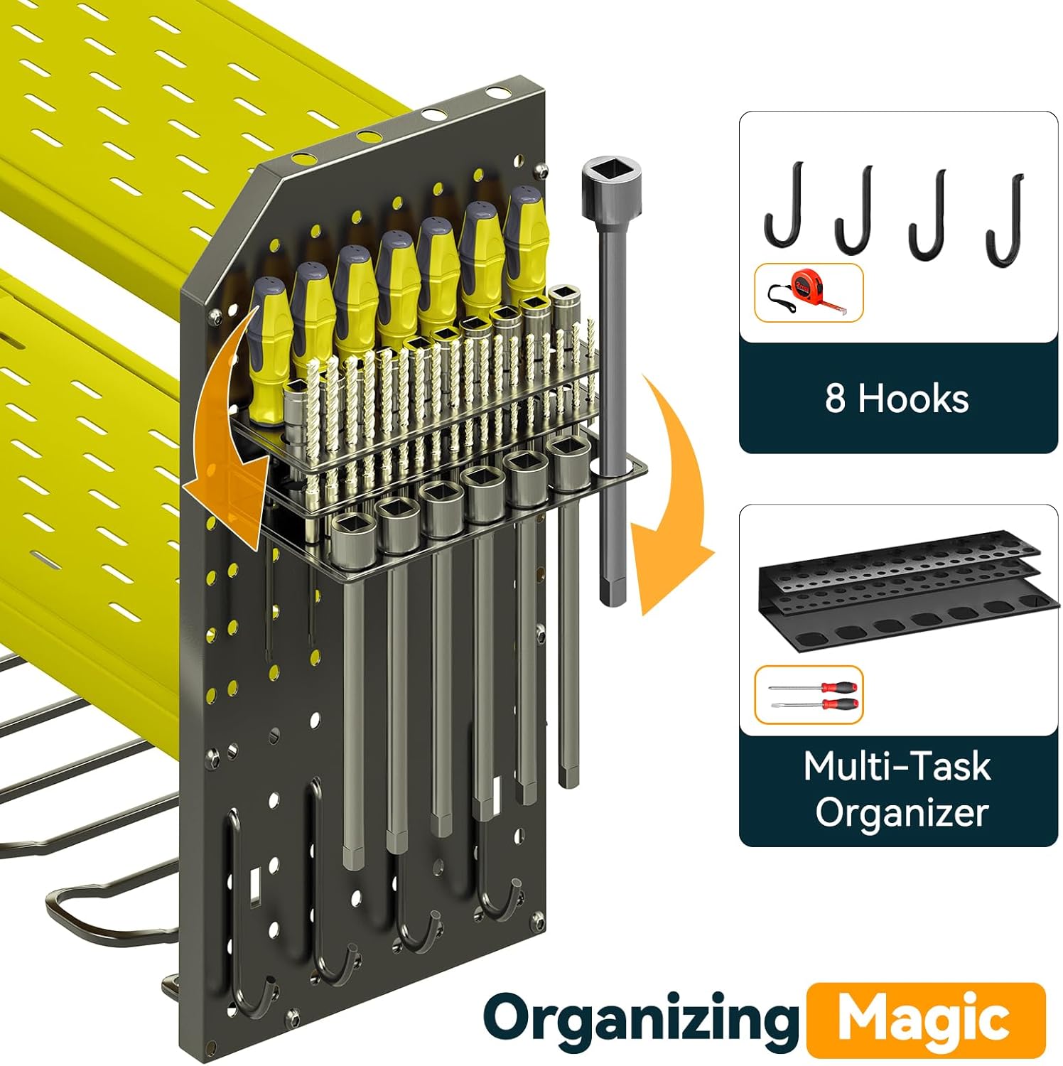 Warome Garage Power Tool Organizer with 8-Outlet Power Strip, Tool Storage Rack Wall Mount with 8 Cordless Drill Holders, Tool Organization Shelf with Charging Station in Green