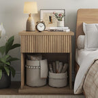 Fluted Nightstand, 22.8" Wide Nightstands with Drawer Storage Large Wood BedsideTable Night Stand for Bedroom, Natural Oak
