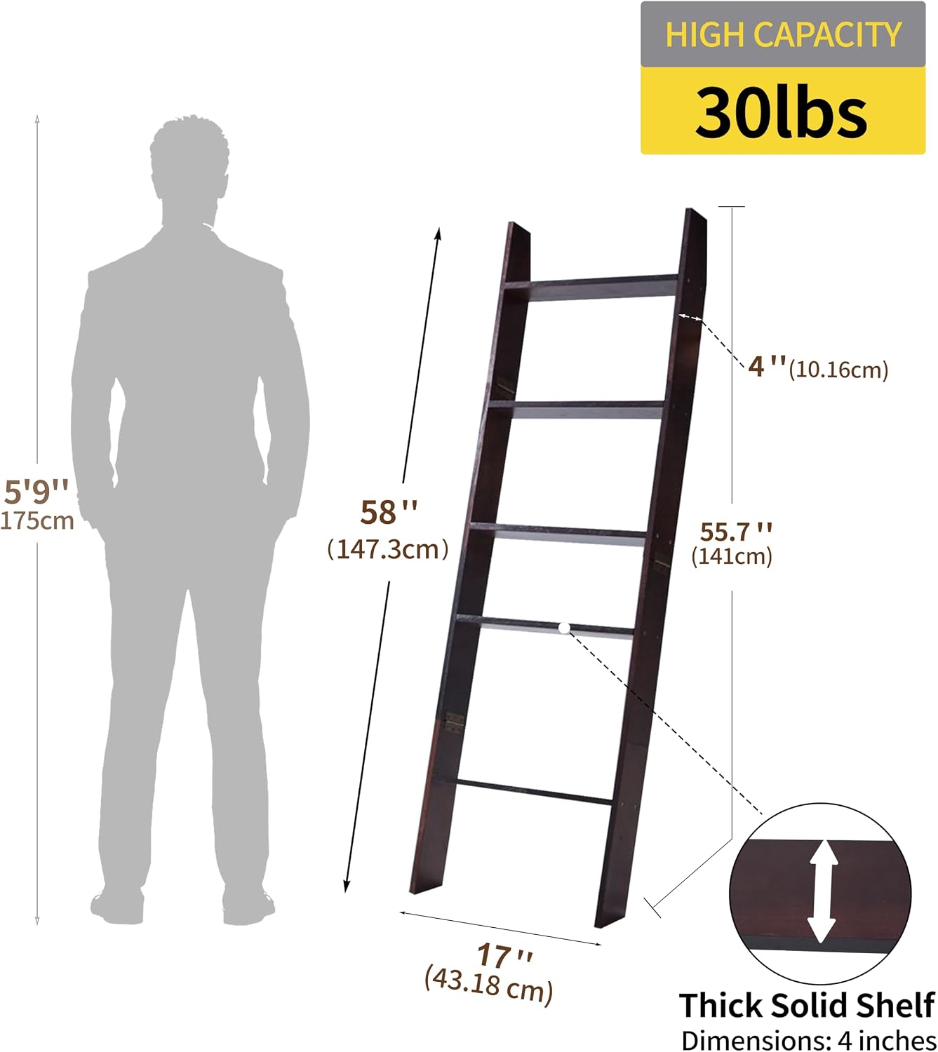 XUNIQUE 5-Tier Blanket Ladder for The Living Room, 4.8 FT Anti-Slip Decorative Ladder Shelf Leaning Quilt Rack, Lightweight, Easy Assemble, Wooden Blanket Rack (Brown)