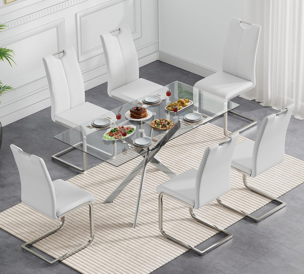 Modern Glass Dining Table Set for 6, Silver Glass Kitchen Table and Chairs Se...
