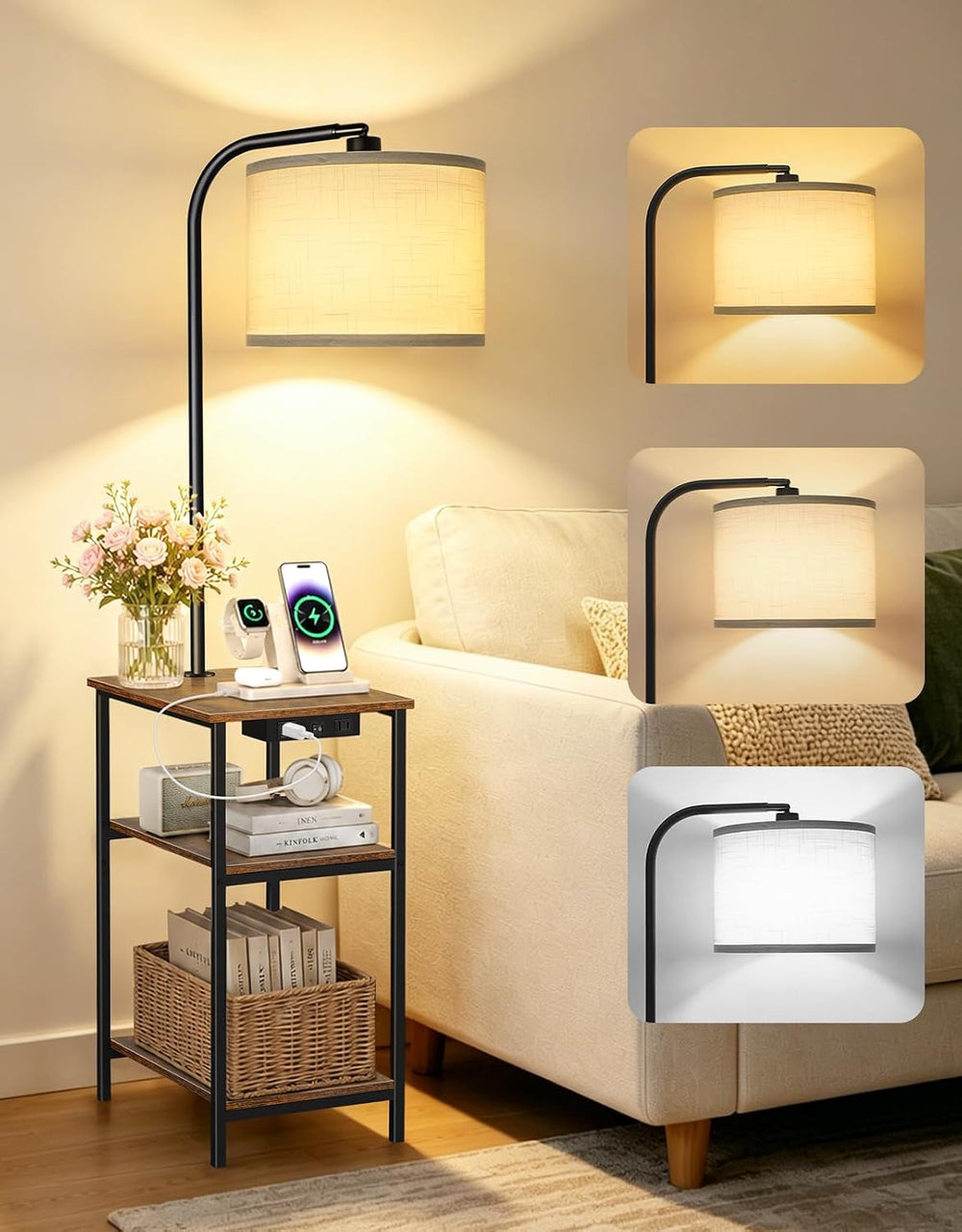 Floor Lamp with Side Table & Charging Station, End Table with 3 Color Tem...