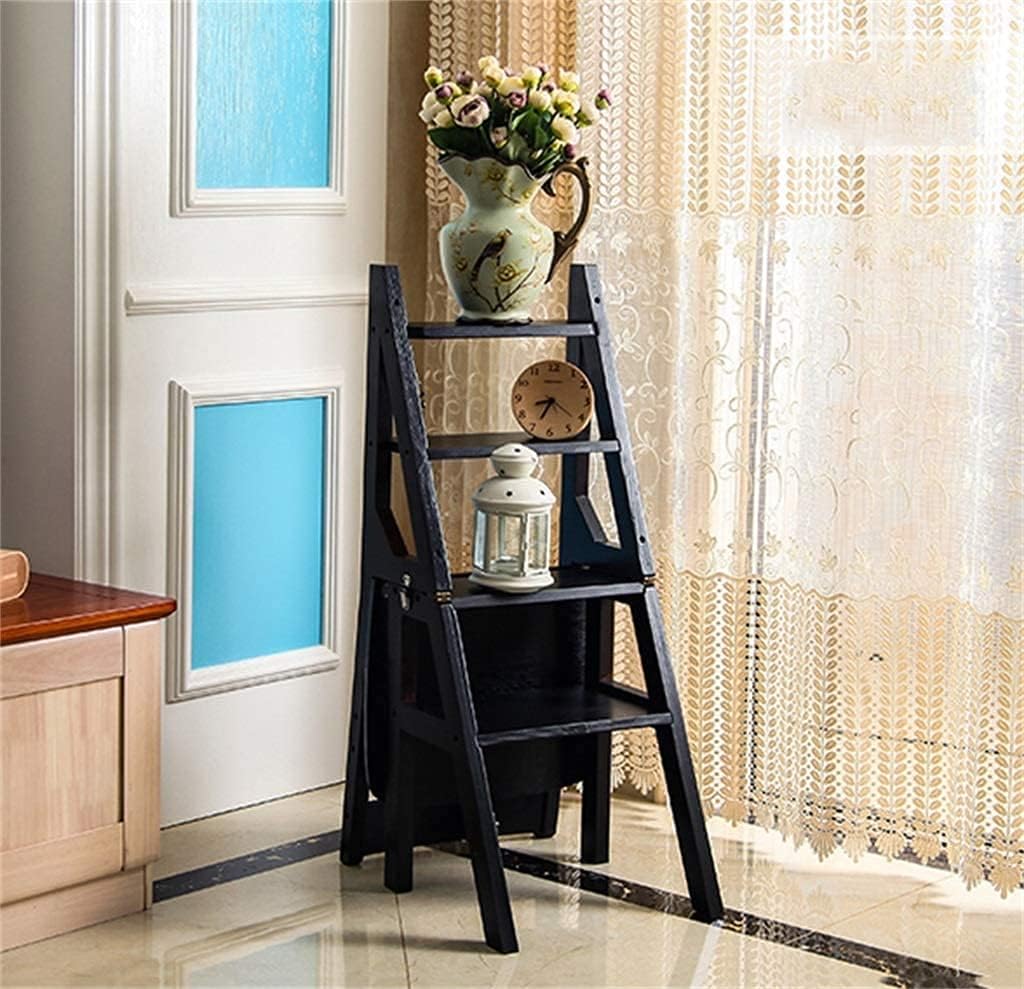 Wooden Folding Library Ladder Chair,2 in 1 Lightweight Portable Multifunctional Step Stool, 4-Step Stool Dual Purpose Stepladders, Display Stand and Flower Stand for Home
