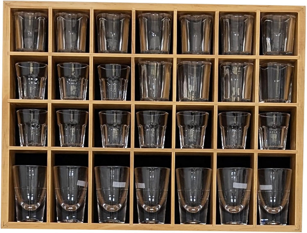 Shot Glass Display Case, Stylish Natural Varnished Glass Display Case for Display, 28 Slots Freestanding & Wall Mountable Shot Glass Holder, Perfect for Collectors - (with 1 Row for Tall Shooters)