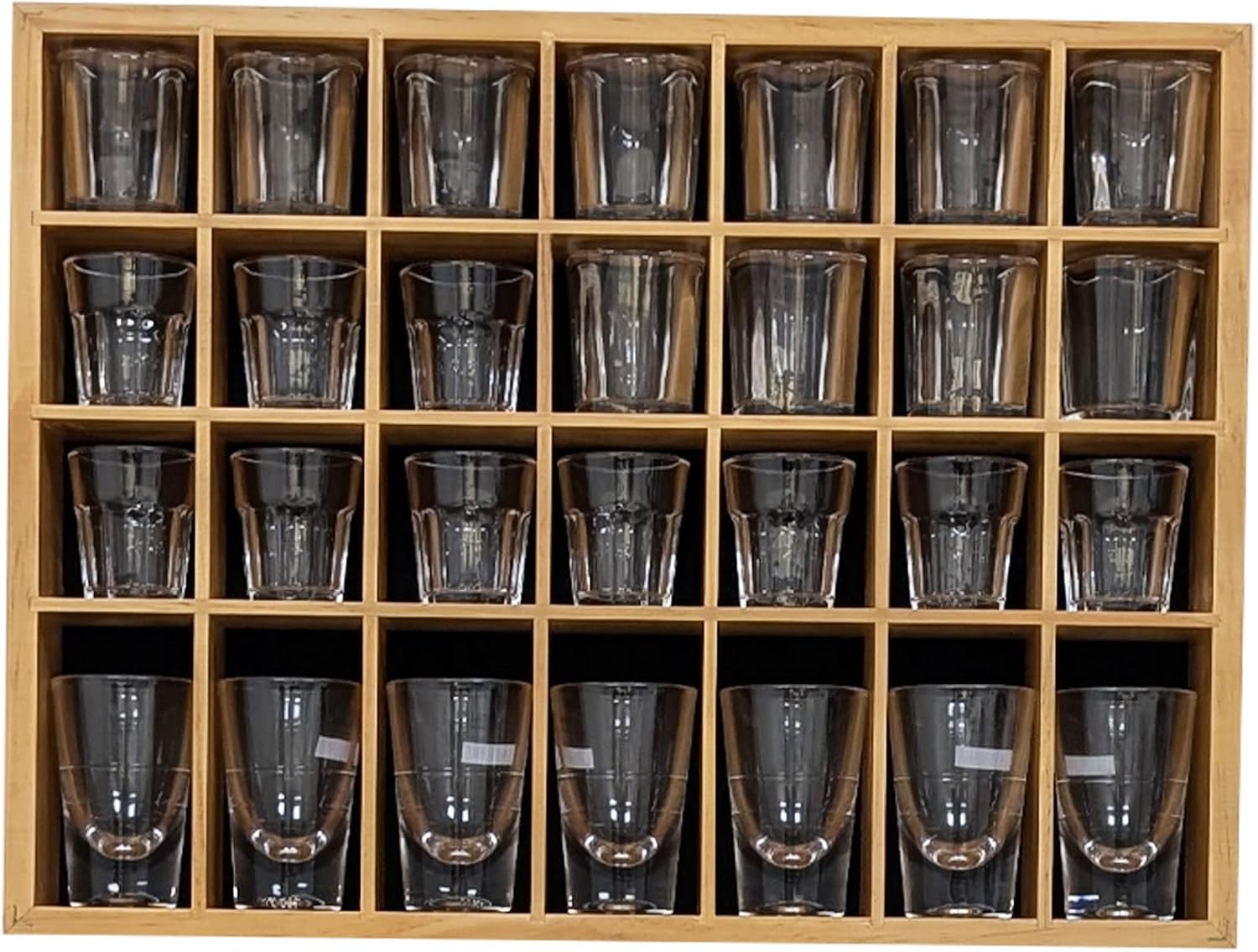 Shot Glass Display Case, Stylish Natural Varnished Glass Display Case for Display, 28 Slots Freestanding & Wall Mountable Shot Glass Holder, Perfect for Collectors - (with 1 Row for Tall Shooters)