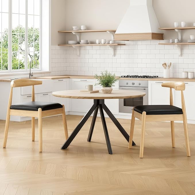 Farini Mid Century Modern Dining Chairs Set of 2, Solid Wood Frame Kitchen Chairs with PU Leather Upholstered Seat for Dining Room & Breakfast Nook,Natural-Black