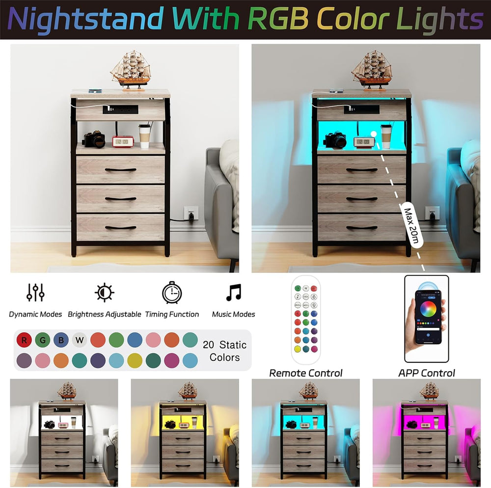 SZLHANJZ End Table with 3 Drawers, Night Stand with Charger Station and LED L...