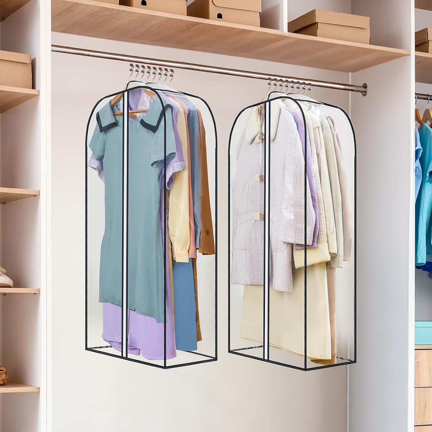 LANDNEOO 2 Pack Clear Garment Bags for Hanging Clothes with Zippers on Double Sides - 10'' Clothes Storage for Coat, Dress, and Fur in Closet - 40'' Long Suit Bags