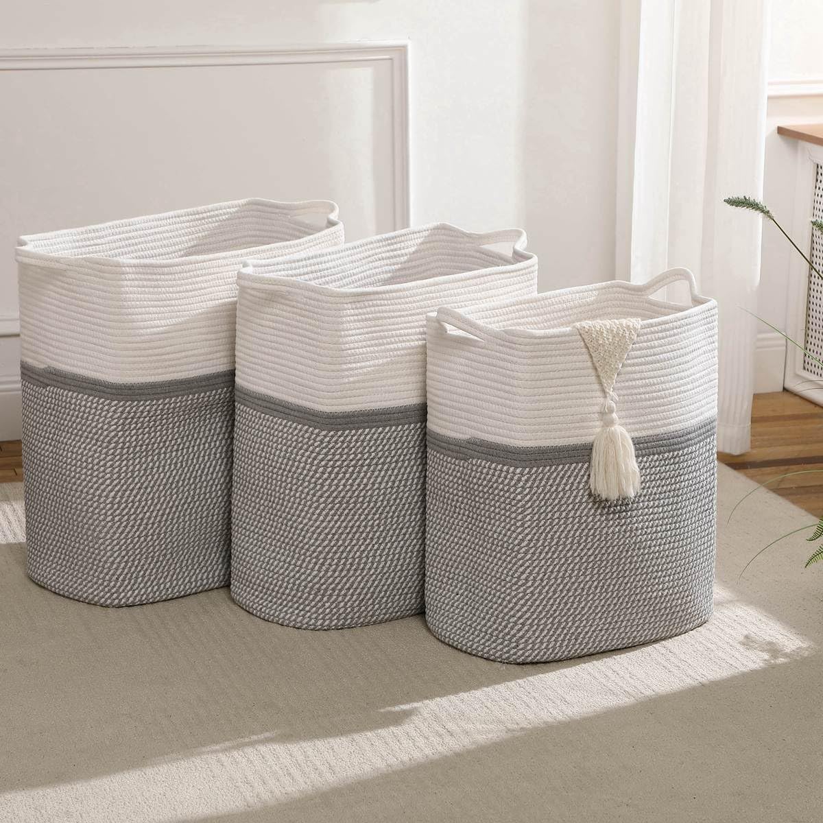 Tall Laundry Basket With Handles,Woven Cotton Rope Big Laundry Hamper Sorters,Versatile Storage for Dirty Clothes,Baby Toys,and Blankets in Bathroom, Nursery,and Living Room (White/Gray, 80L)