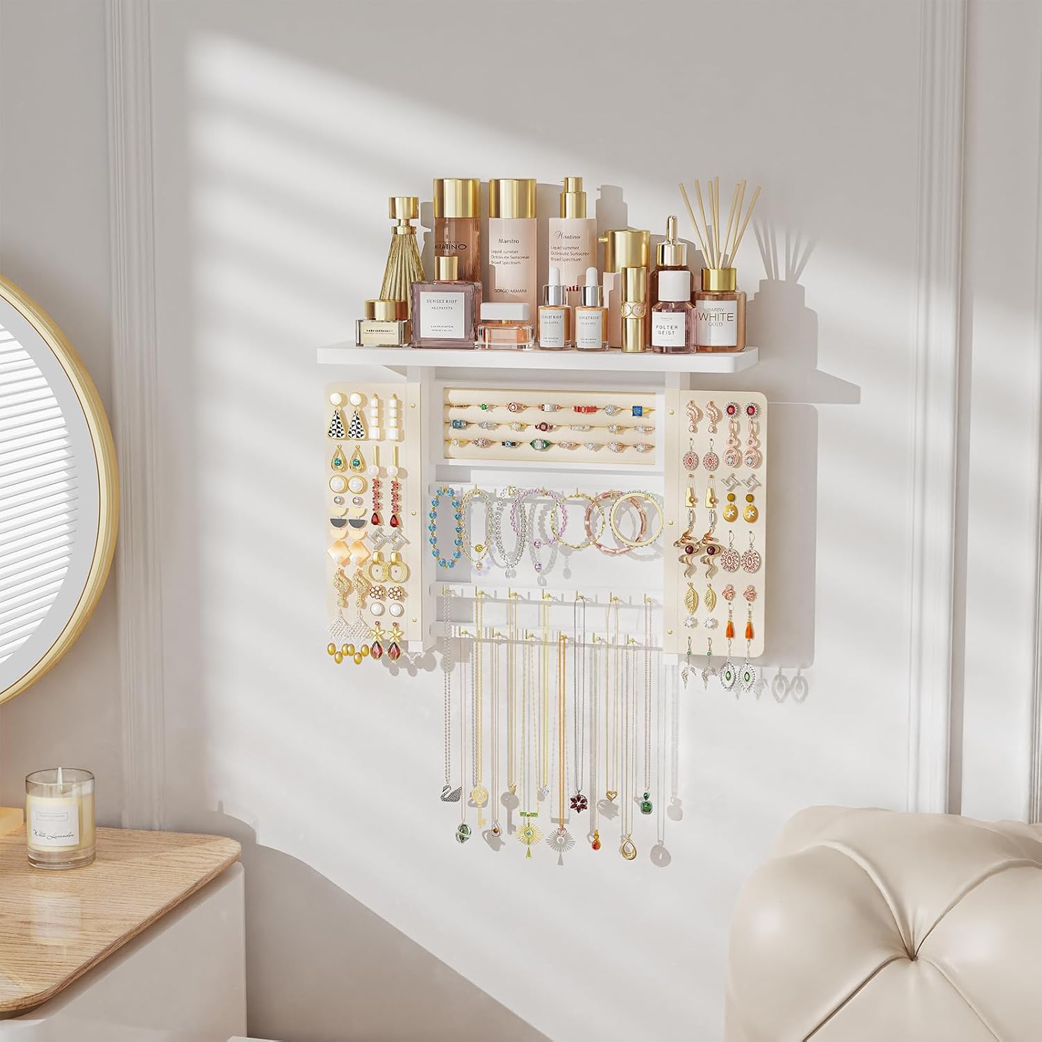 Emfogo Jewelry Organizer Hanging Wall Mounted Jewelry Holder, 5-in-1 Large Capacity Necklace Organizer Wall Hanging Jewelry Display for Ring, Necklaces, Bracelets, Earrings (White)