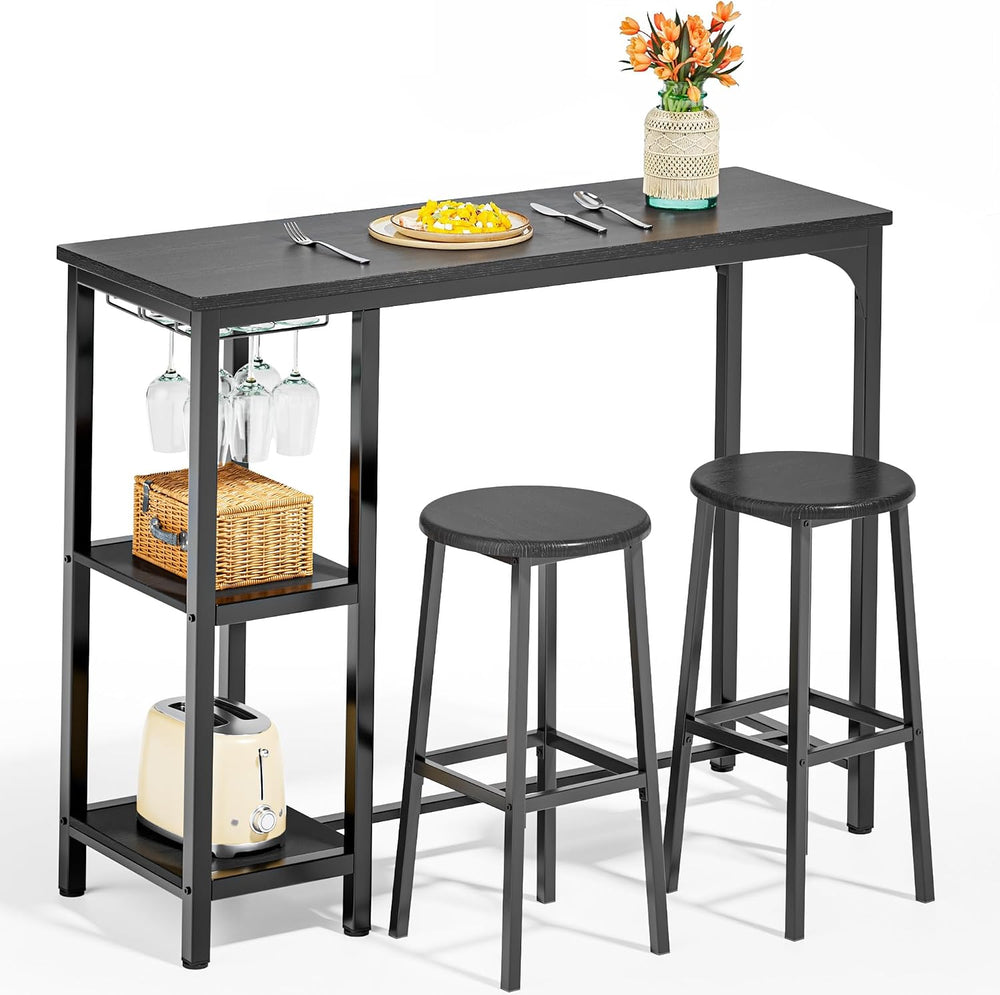 Qsun Small Bar Table Set for 2 | Kitchen Table for 2 with 2 Storage Shelves &...