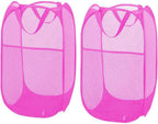 Larpur 2Pack Foldable Popup Laundry Basket, Collapsible Portable Mesh Clothes Washing Laundry Hamper with Reinforced Carry Handles (Pink)