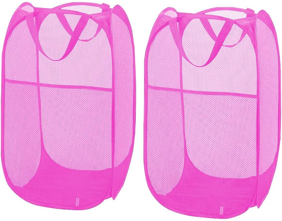 Larpur 2Pack Foldable Popup Laundry Basket, Collapsible Portable Mesh Clothes Washing Laundry Hamper with Reinforced Carry Handles (Pink)