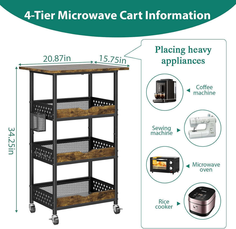 XYZLVSI Small Rolling Microwave Cart, 4 Tier Kitchen Storage Rack on Wheels |...