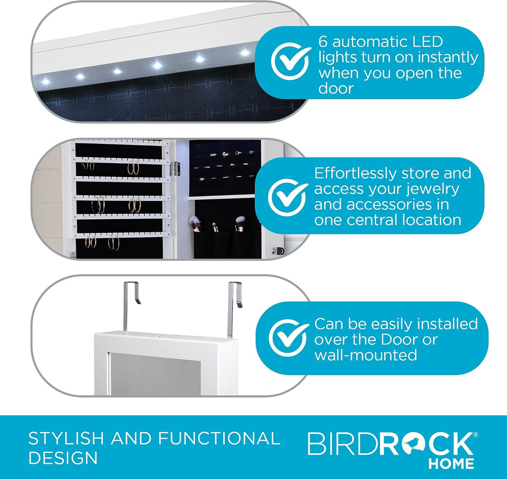 BIRDROCK HOME Hanging Jewelry Organizer - Lockable Storage Cabinet with Body Mirror & LED Lights, Door or Wall Mounted for Closet or Bedroom Dresser, Adjustable Height & Large Capacity - White