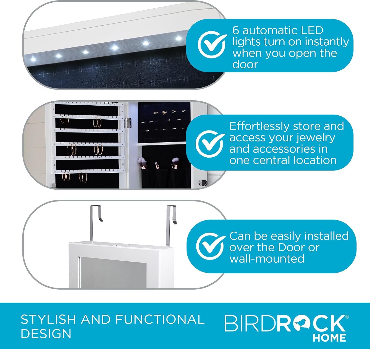 BIRDROCK HOME Hanging Jewelry Organizer - Lockable Storage Cabinet with Body Mirror & LED Lights, Door or Wall Mounted for Closet or Bedroom Dresser, Adjustable Height & Large Capacity - White