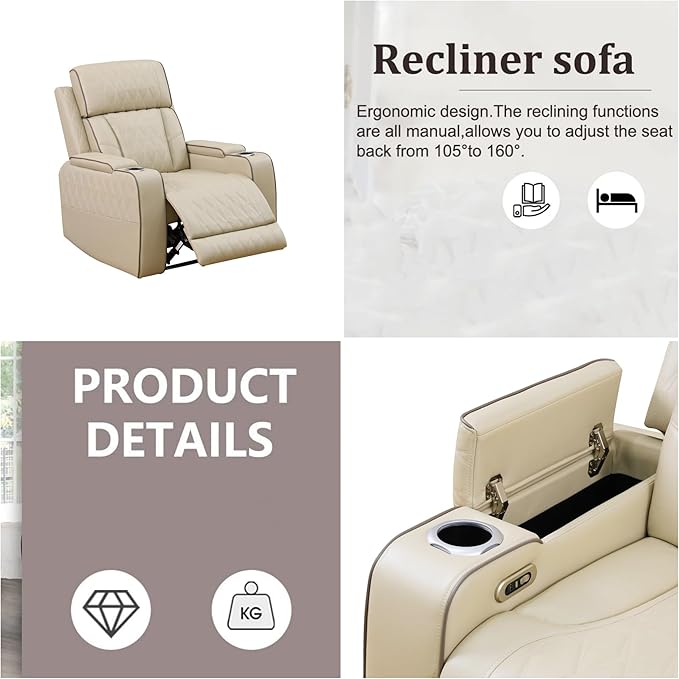 Power Recliner Chair, Leather Recliners with Home Theater Seating, Oversized Single Electric Recliner Sofa Breathable Living Room Chairs for Adults Reading Gaming, Khaki