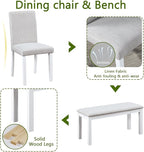 KEIKI 6-Piece Standard Height Dining Table Set with Rectangular Table, 4 Upholstered Chair, Bench, for 6 Person, Modern Crystal Decoration Table Set, Easy Assembly, for Kitchen, Dining Room, White