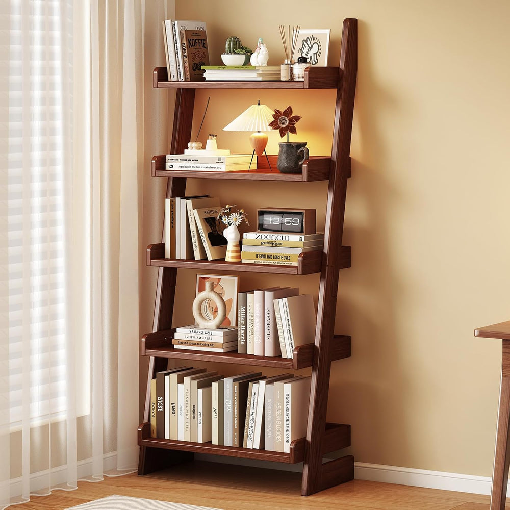 5 Tier Ladder Shelf, Ladder Bookshelf with Wood Frame