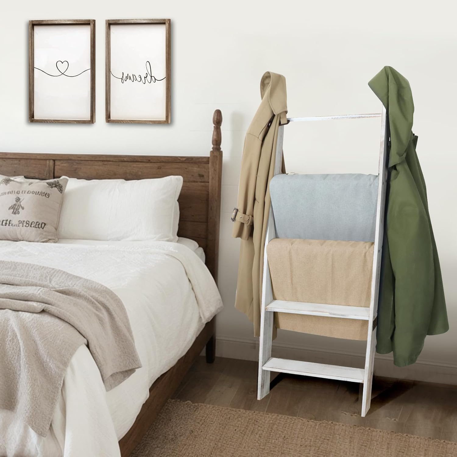 Honest Blanket Ladders for the Living Room, 5-Tier Blanket Holder, Wall-Leaning Blanket Rack, Ladder Shelves, Wooden Quilt Ladder, Farmhouse Decor, White