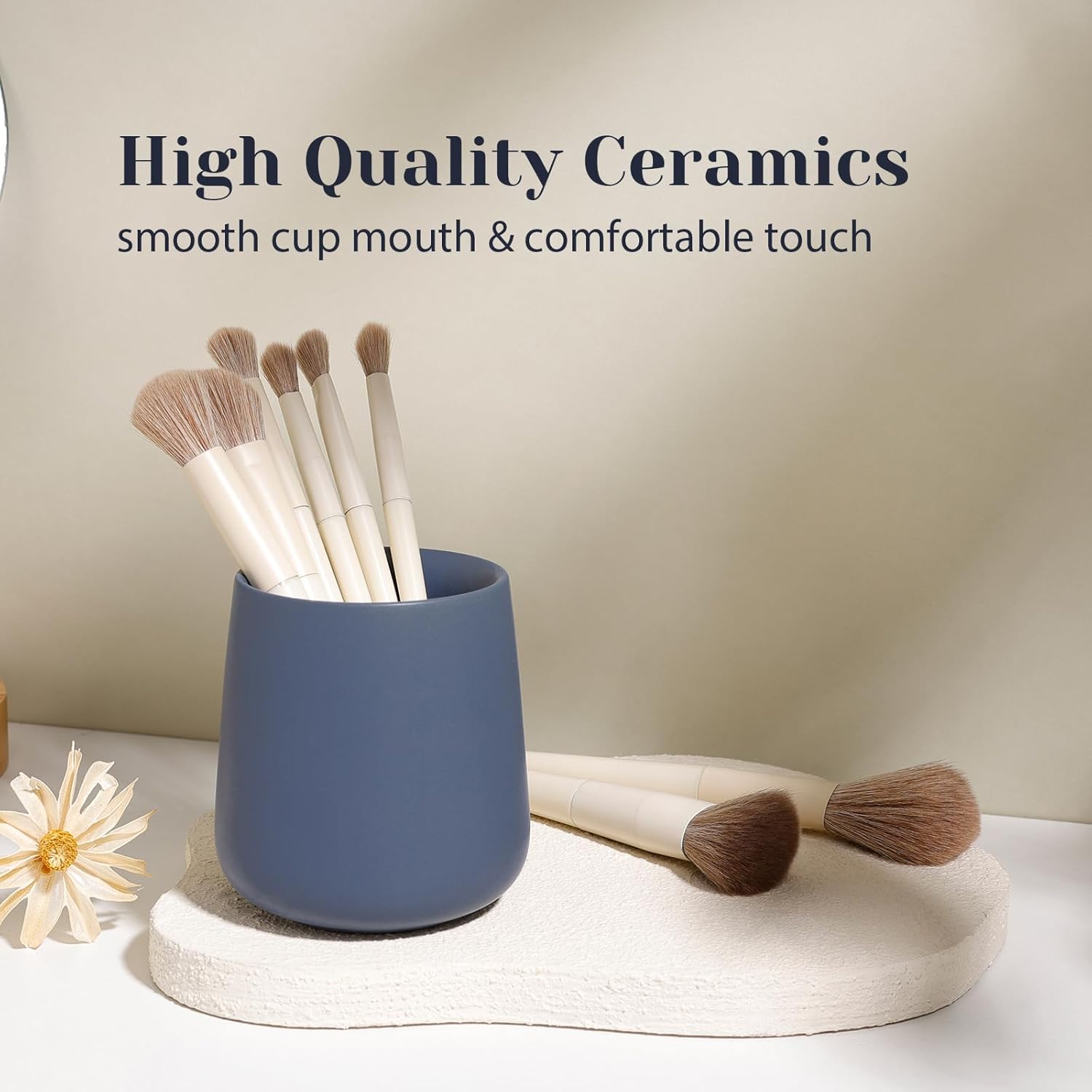 INGOFIN 3 Pcs Ceramic Bathroom Accessory Set - Liquid Soap Dispenser, Toothbrush Holder & Tray, Bathroom Counter Set, Countertop Essentials for Home, Guest Bathroom, or Office Use, Matte Blue
