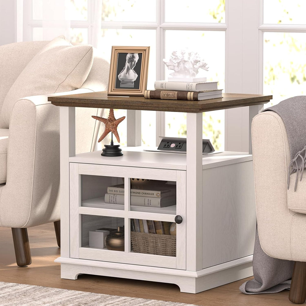 HIFYOBRO 24''Tall White End Table with Charging Station, Adjustable S...