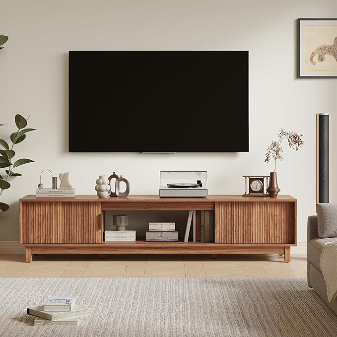 DUMOS TV Stand, Entertainment Center Media Console Table with Storage Cabinet, Mid Century Modern Wood Television Furniture with Cable Management Hole for Living Room, Office and Bedroom, 70" Wide