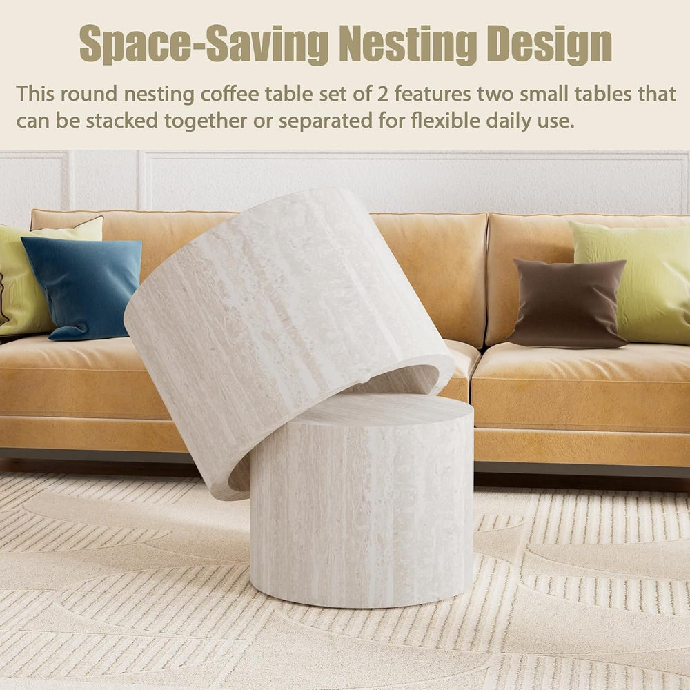Modern Nesting Coffee Table Set of 2, Round Travertine End Side Tables | Cont...