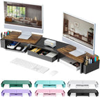 gianotter Dual Monitor Stand Riser, Desk Organizer With Drawer and 2 Pen Holders,Computer Monitor Stand, Desk Shelf for Top of Desk, Wood