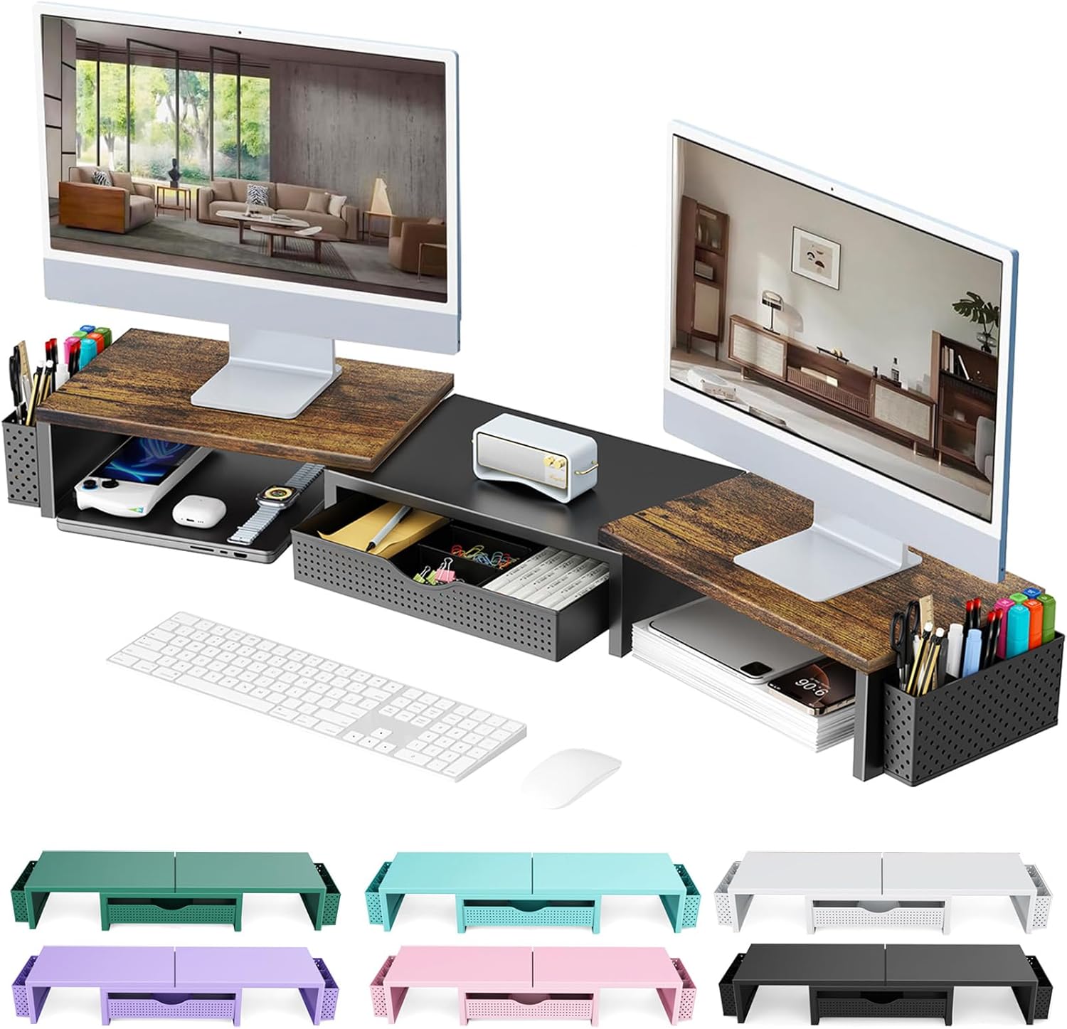 gianotter Dual Monitor Stand Riser, Desk Organizer With Drawer and 2 Pen Holders,Computer Monitor Stand, Desk Shelf for Top of Desk, Wood