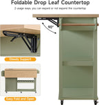 ONBRILL 56" Kitchen Island with Drop Leaf, Rolling Kitchen Cart with Trash Cabinet, Power Outlet, 2-Tier Open Shelves, 3 Drawers, Spice & Paper Towel Racks, 6 Wheels (4 Locking) for Dining Room, Green