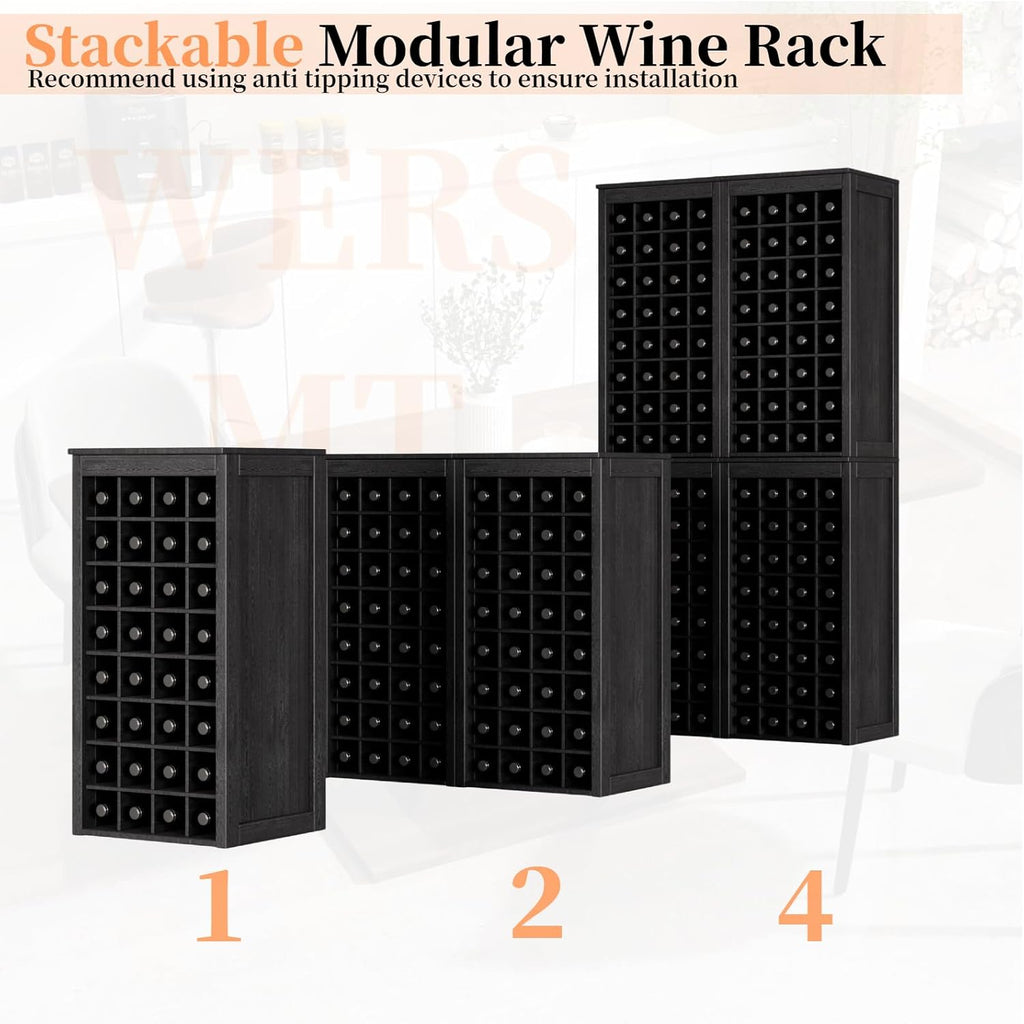 WERSMT 8-Tier Freestanding Wine Rack Wood, 32 Bottles Wine Rack Counter for Small Space, Farmhouse Stackable Modular Wine Bottle Holder Rack, Black