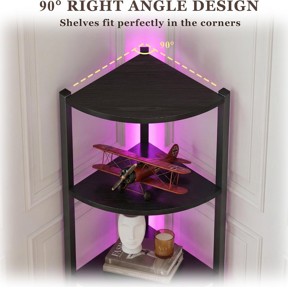 Corner Shelf with Storage, LED Lights 6-Tier Corner Bookshelf, 66'' O...