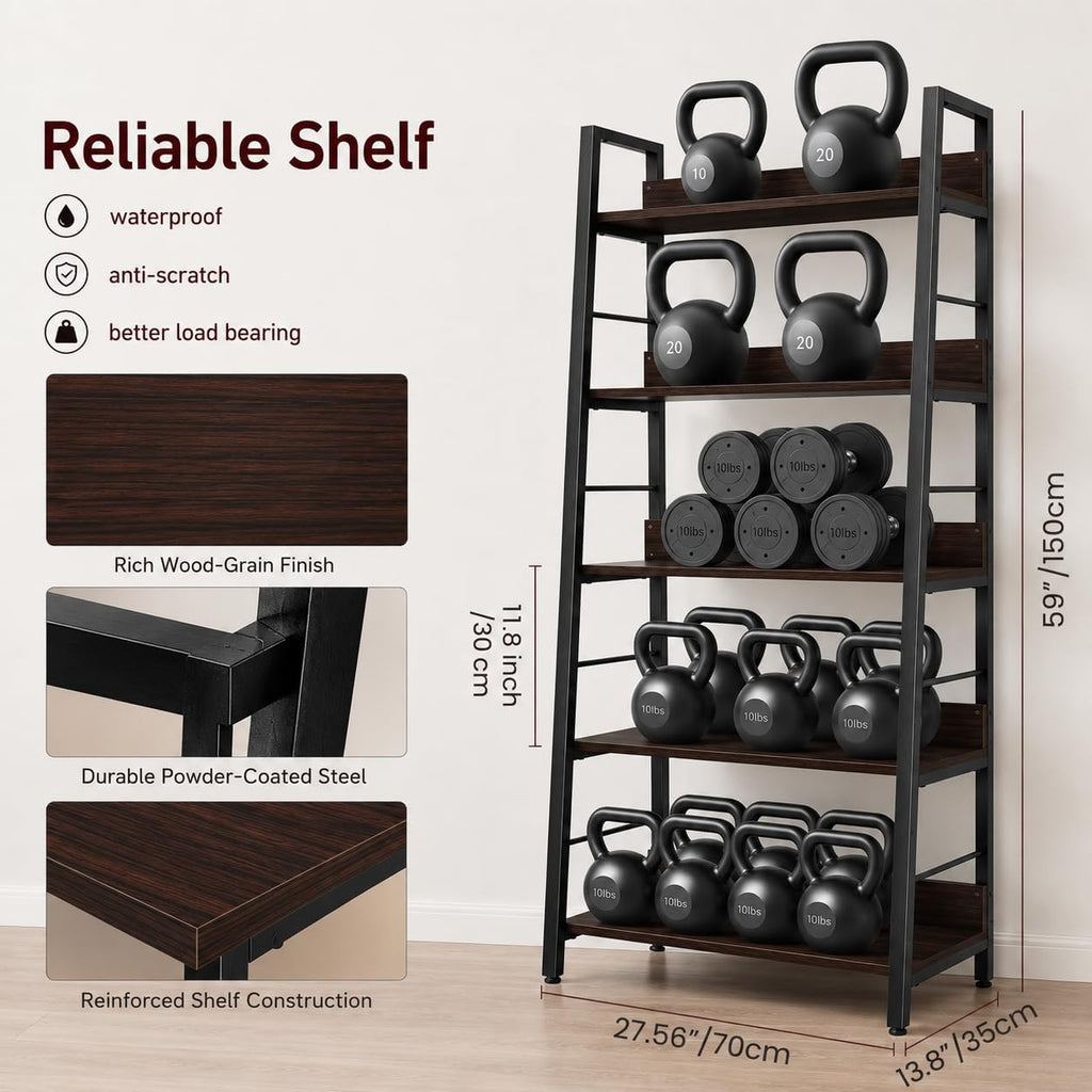 BATHWA 5 Tier Book Shelf, Rustic Industrial Ladder Bookshelf Wood Metal, Dark Brown Farmhouse 28'' Wide 59''Tall Ladder Shelf Living Room, Bedroom, Home Office
