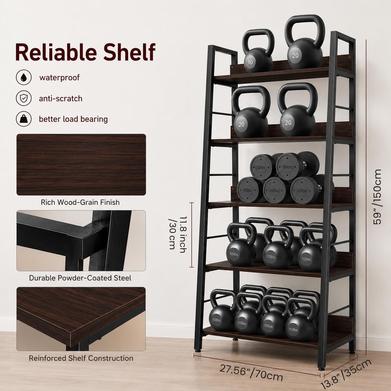 BATHWA 5 Tier Book Shelf, Rustic Industrial Ladder Bookshelf Wood Metal, Dark Brown Farmhouse 28'' Wide 59''Tall Ladder Shelf Living Room, Bedroom, Home Office