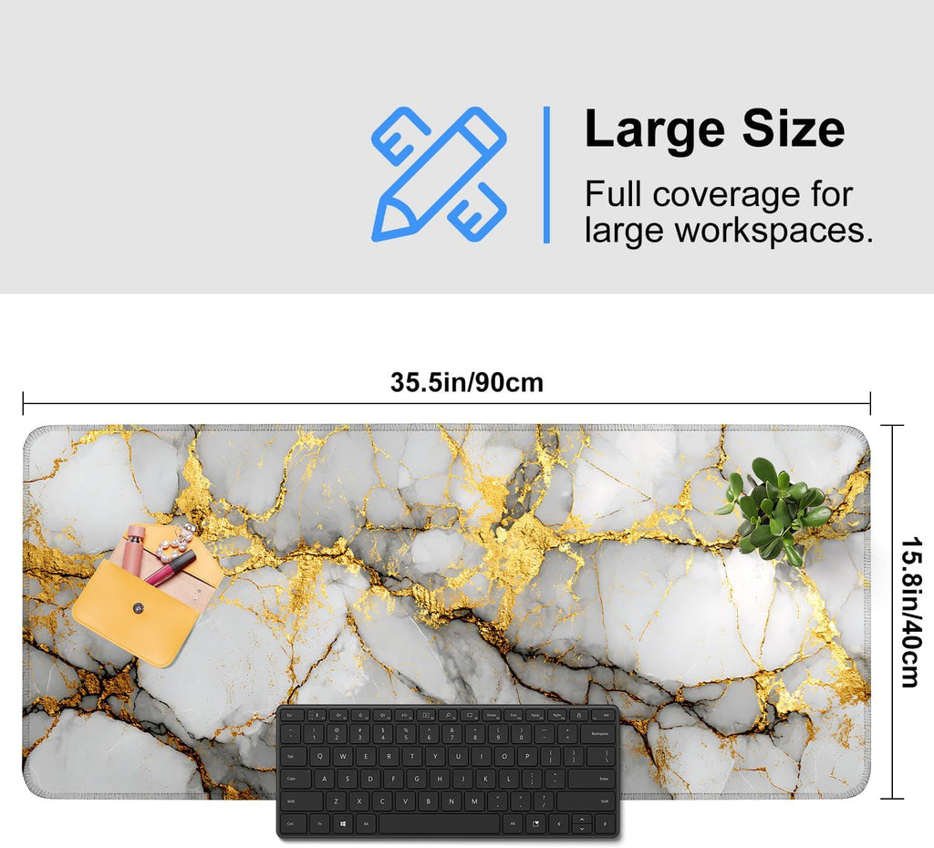 White Marble Mouse Pad – Large Extended Desk Mat 35.43 x 15.75 in – Elegant Gold Vein Design, Non-Slip Rubber Base, Waterproof Surface, Keyboard & Mouse Pad for Office, Gaming, Home Decor