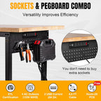 Height Adjustable Workbench 60”×22” Heavy Duty Work Table 2000 LBS Load Capacity Rubber Wood Work Station with Power Outlet & Pegboard for Garage, Office, Workshop, Home, Party Shop