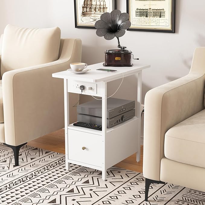 LIDYUK End Table with Charging Station, Narrow Side Table with Drawer and USB...
