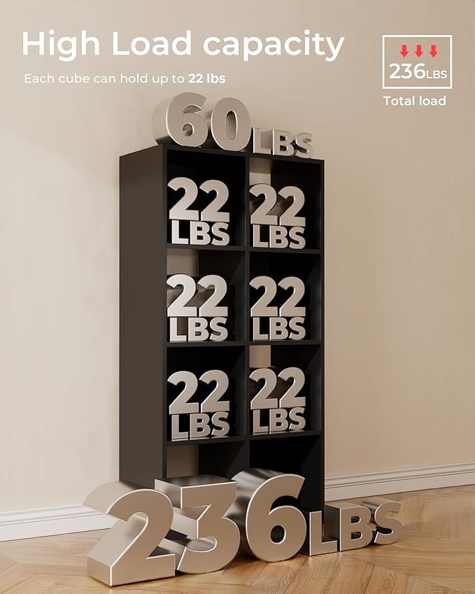 GTPLAYER 8-Cube Storage Organizer, Fits 11" Bins, Vertical or Horizontal Use, Opening Bookshelf, Partial Back Panels, Stackable Design Bookcase, for Living Room, Media Console, Hallway, Black