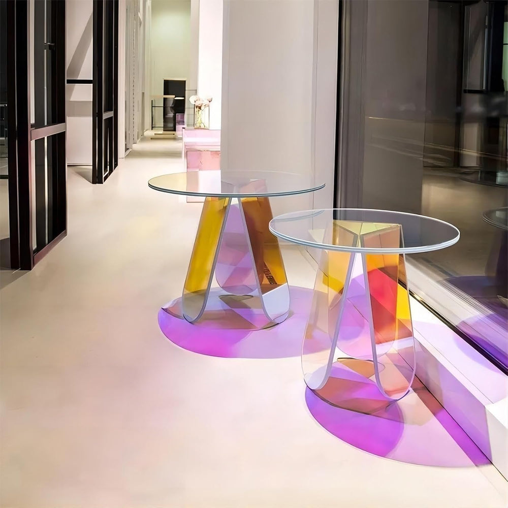 Round Acrylic Side Table Modern Rainbow Iridescent Accent Table Night Stand V...