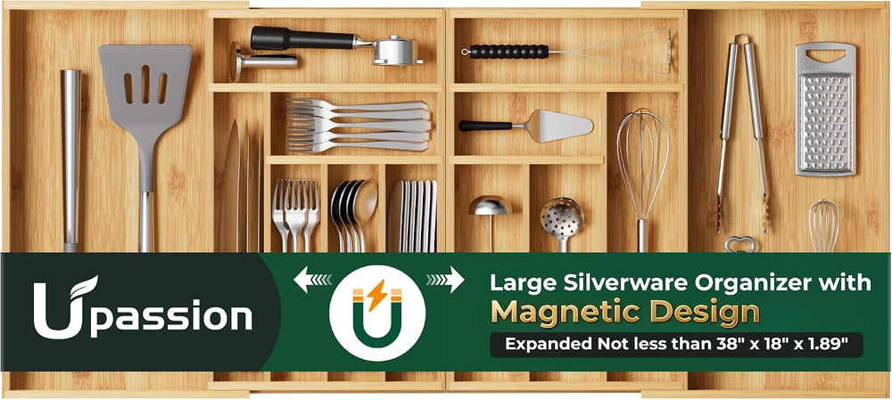 Large Silverware Organizer, 13 Slots Magnetic Connected Expandable Bamboo Ute...