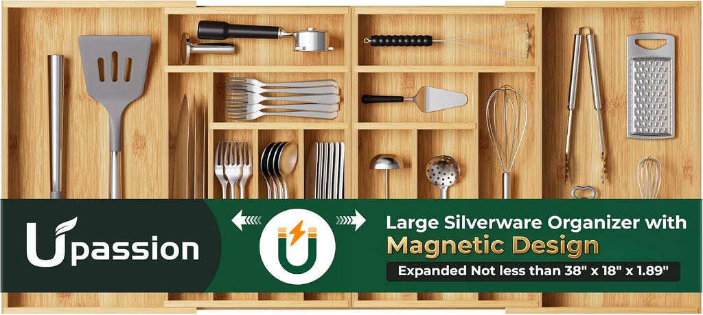 Large Silverware Organizer, 13 Slots Magnetic Connected Expandable Bamboo Utensil Drawer Organizer From 21 to 37.4 Inches, Adjustable Flatware and Cutlery Holder, Utensil Tray for Kitchen Natural
