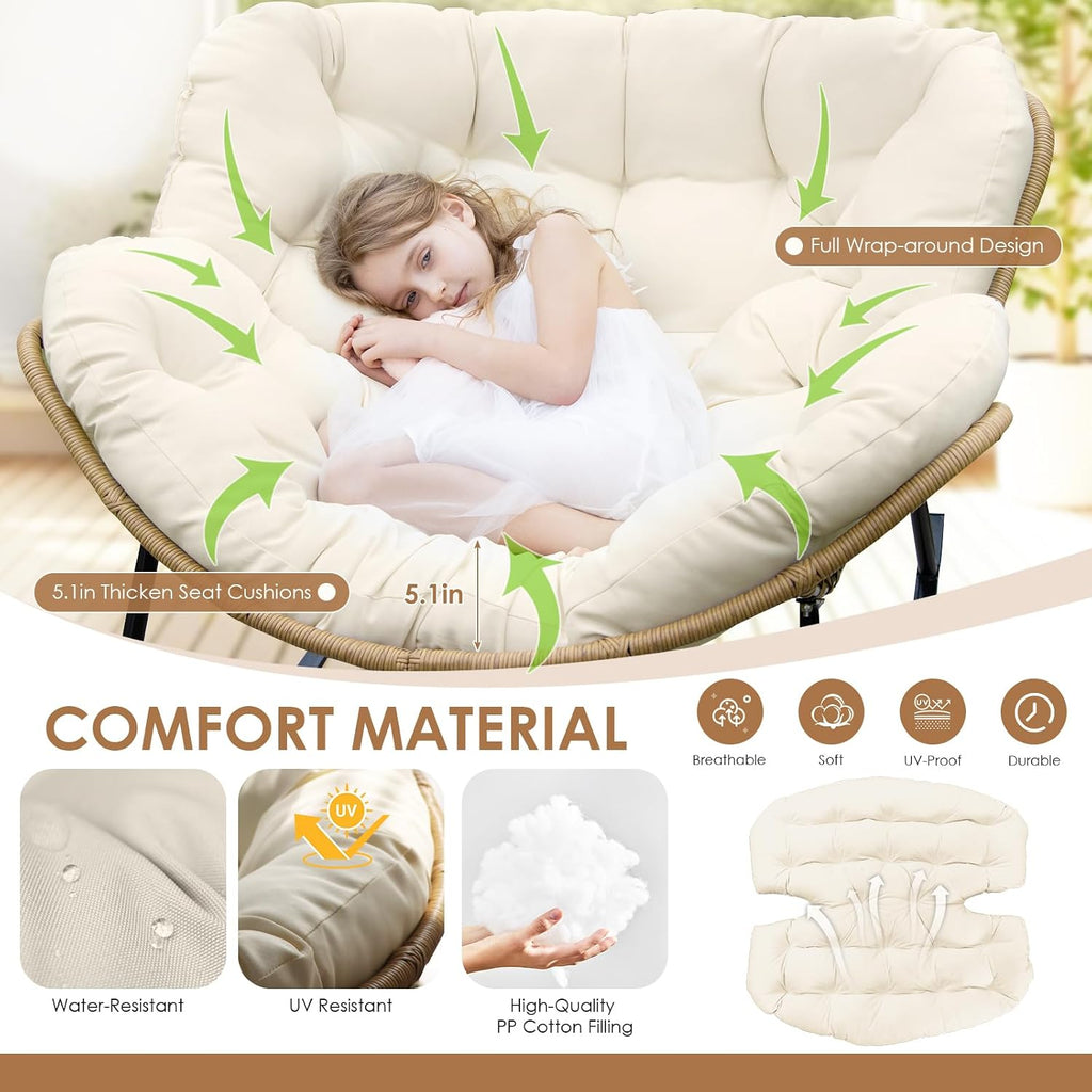 RADIATA Rocking Egg Chair Outdoor, Oversized Papasan Rocking Lounge Chair | 450 Lbs Capacity, Oversized Large Size, PE Wicker Recliner with Beige Cushion, Comfy Sturdy Lounge Chair for Patio Porch