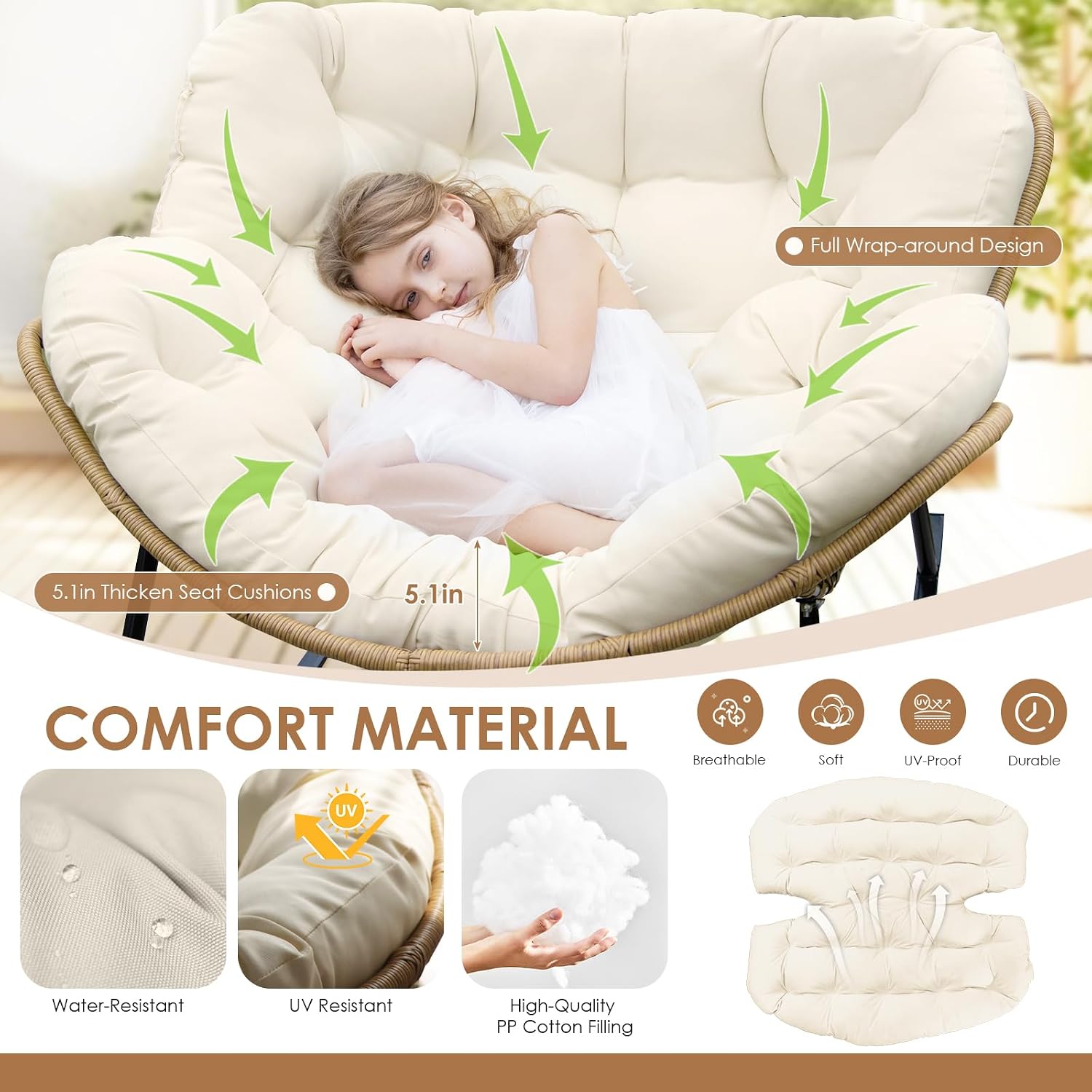RADIATA Rocking Egg Chair Outdoor, Oversized Papasan Rocking Lounge Chair | 450 Lbs Capacity, Oversized Large Size, PE Wicker Recliner with Beige Cushion, Comfy Sturdy Lounge Chair for Patio Porch