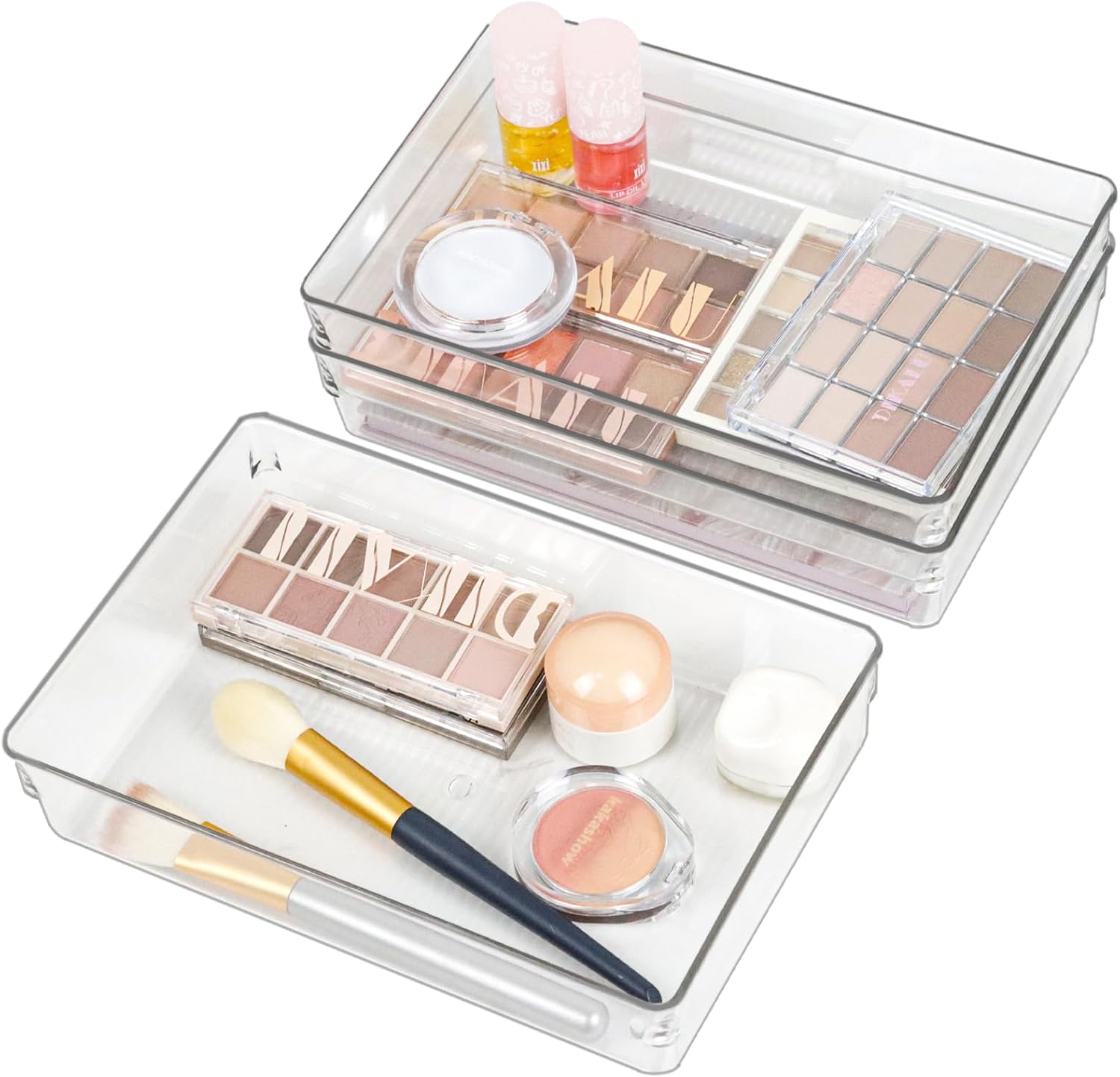 Clear Drawer Organizer Bins Set, Transparent Rectangle Trays, Dresser Bathroom Makeup Vanity Organization and Storage Bins Office Desk Drawer Dividers Organizers (3pc - 9×6×2")