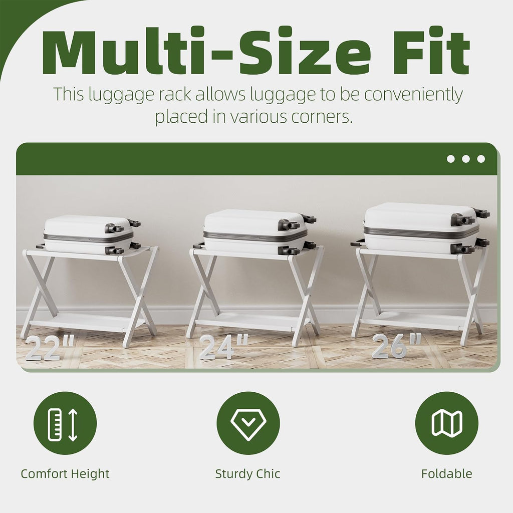 Luggage Rack, Folding Suitcase Stand with Storage Shelf, Premium Bamboo Luggage Holder for Guest Room, Bedroom, Hotel, Closet, Holds up to 135 lb (White)