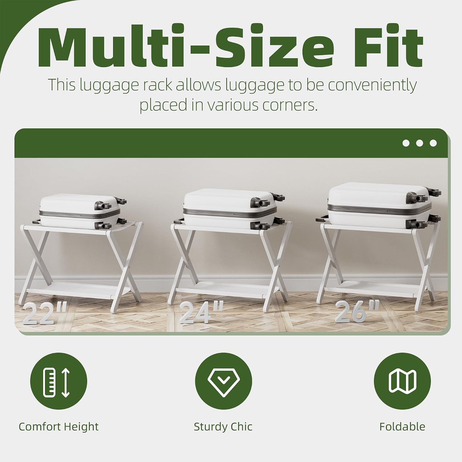 Luggage Rack, Folding Suitcase Stand with Storage Shelf, Premium Bamboo Luggage Holder for Guest Room, Bedroom, Hotel, Closet, Holds up to 135 lb (White)
