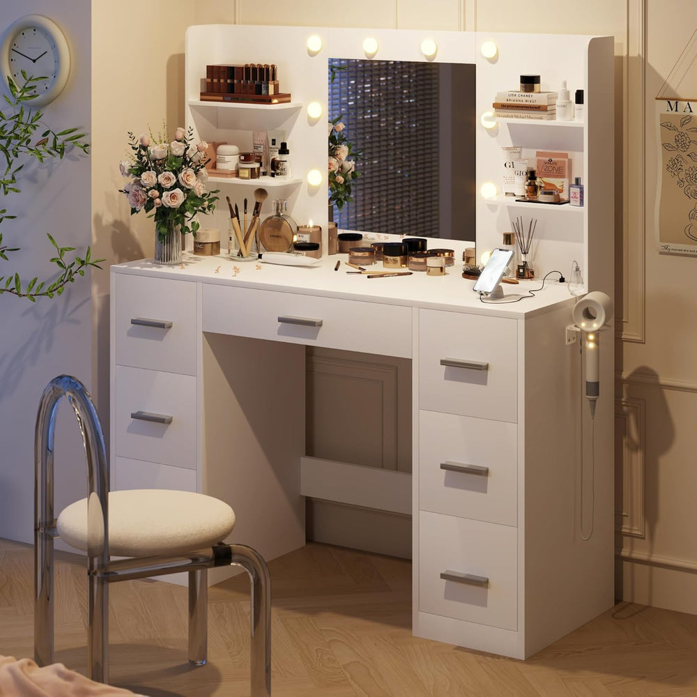 YESHOMY Vanity Desk with Mirror, Outlet, 10 Lights & 7 Drawers,White